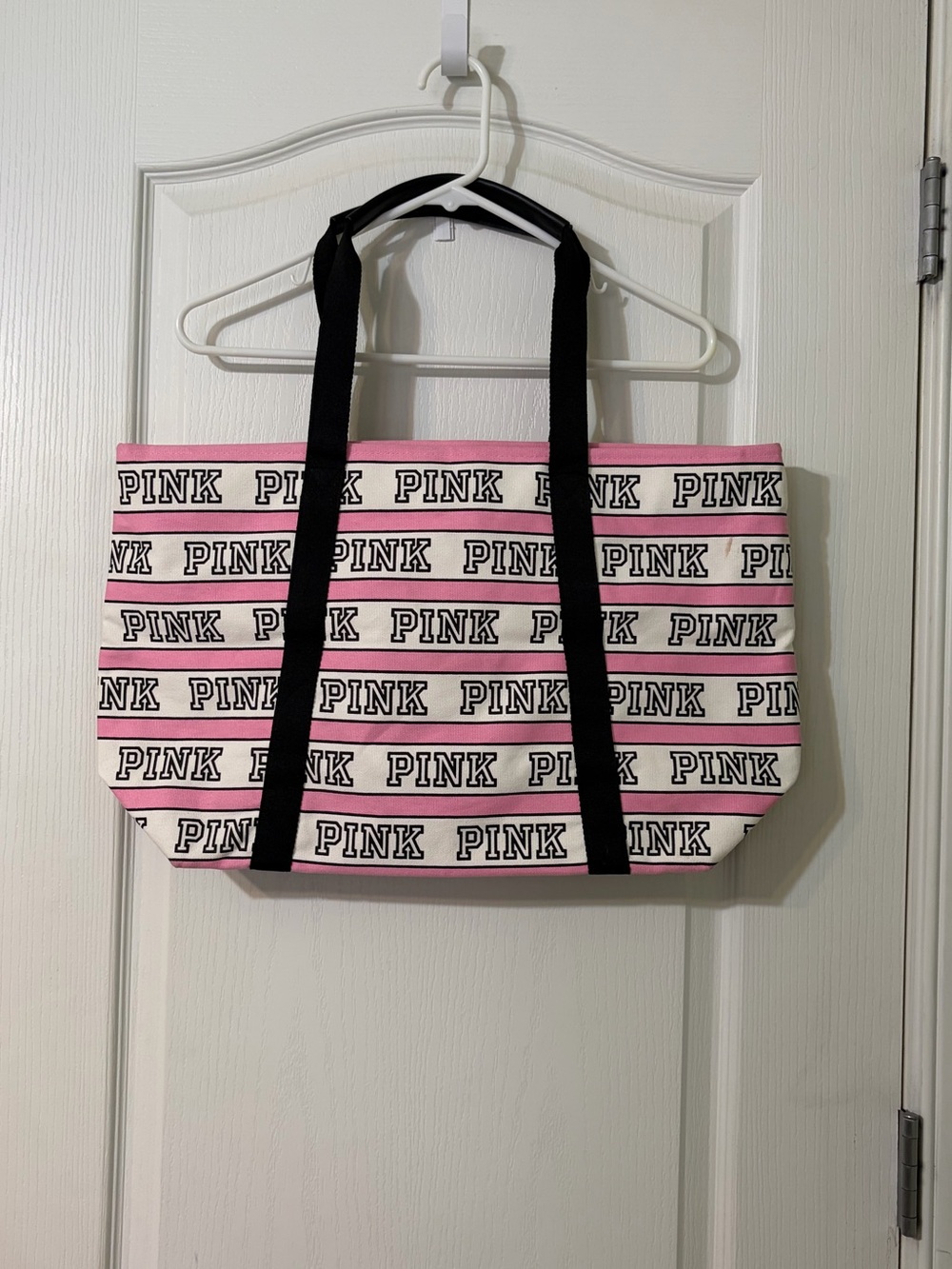 PINK Victoria's Secret Pink & White Logo Stripe Tote with Black Straps